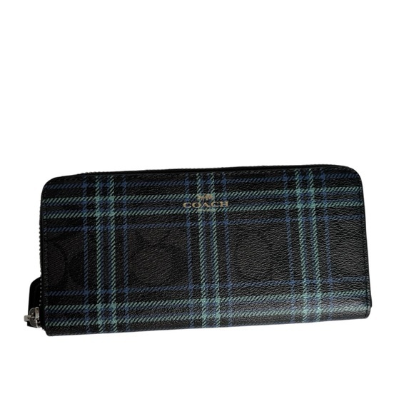 COACH SLIM ACCORDION ZIP WALLET black SIGNATURE CANVAS SHIRTING PLAID F87718 - Picture 1 of 8
